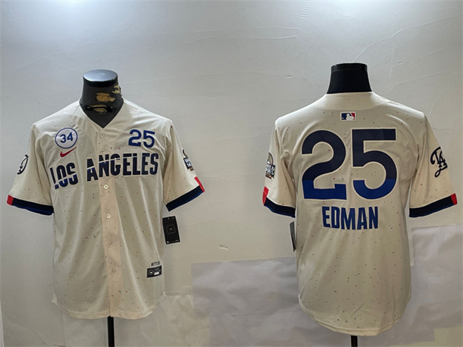 Men's Cream Los Angeles Dodgers #25 Tommy Edman 2024 World Series With No. 34 Patch City Connect Limited Stitched Baseball Jersey